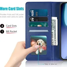 Blue iPhone 17 Air case open, showing 4 card slots, bill pocket, and ID window.