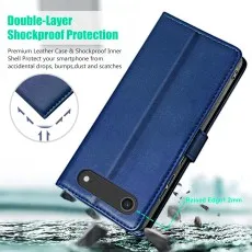Blue leather case demonstrating Double-Layer Shockproof Protection from drops.