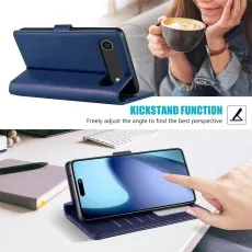 Blue leather case used as a kickstand for the iPhone 17 Air.