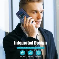 Man talking on iPhone 17 Air using the blue wallet case with integrated cards.