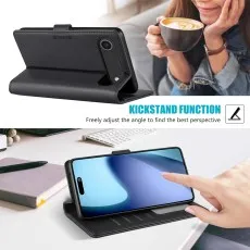 Black leather case used as a kickstand for the iPhone 17 Air.