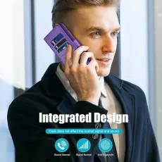 Man talking on iPhone 17 Air using the purple wallet case with integrated cards.