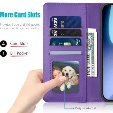 Purple iPhone 17 Air case open, showing 4 card slots, bill pocket, and ID window.