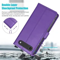 Purple leather case demonstrating Double-Layer Shockproof Protection from drops.
