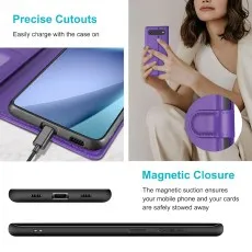 Purple leather case used as a kickstand for the iPhone 17 Air.