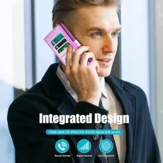 Man talking on iPhone 17 Air using the Pink wallet case with integrated cards.