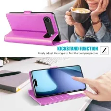 Pink leather case used as a kickstand for the iPhone 17 Air.