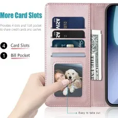 Rose iPhone 17 Air case open, showing 4 card slots, bill pocket, and ID window.