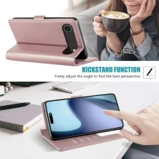 Rose leather case used as a kickstand for the iPhone 17 Air.