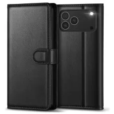 Black leather flip case for iPhone 17 Pro, shown closed and open.