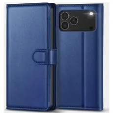 Blue leather flip case for iPhone 17 Pro, shown closed and open.