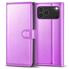 pink leather flip case for iPhone 17 Pro, shown closed and open..