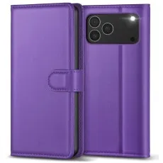 Purple leather flip case for iPhone 17 Pro, shown closed and open.