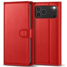 Red leather flip case for iPhone 17 Pro, shown closed and open.