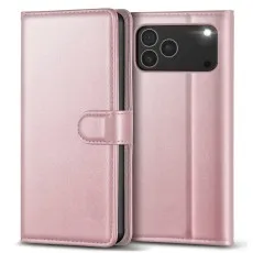 rose leather flip case for iPhone 17 Pro, shown closed and open.