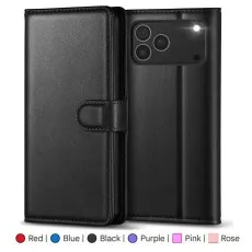apple iphone 17 pro leather case in black with multiple colors box.