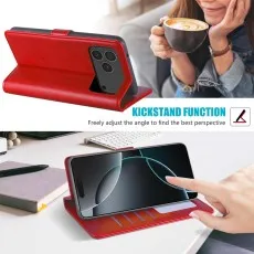 Red leather case used as a kickstand for the iPhone 17 Pro in landscape view.