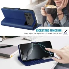 Blue leather case used as a kickstand for the iPhone 17 Pro in landscape view.