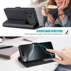 Black leather case used as a kickstand for the iPhone 17 Pro in landscape view.