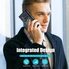 Man talking on iPhone 17 Pro using the black wallet case with integrated cards.