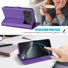 Purple leather case used as a kickstand for the iPhone 17 Pro in landscape view..