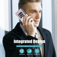 Man talking on iPhone 17 pro using the rose wallet case with integrated cards.