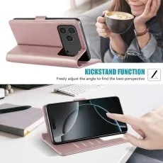 Rose leather case used as a kickstand for the iPhone 17 Pro in landscape view.