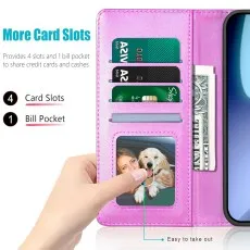 Pink iPhone 17 pro case open, showing 4 card slots, bill pocket, and ID window.