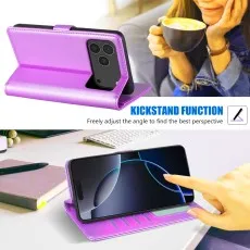 pink leather case used as a kickstand for the iPhone 17 Pro in landscape view..