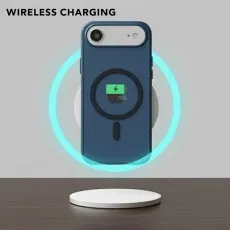 iPhone 17 Air in a blue MagSafe case wirelessly charging on a pad.