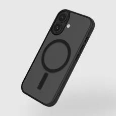 Angled view of the black matte iPhone 17 case with the MagSafe ring design..