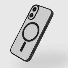 Angled view of a clear MagSafe case on a white iPhone 17, showing the Apple logo.