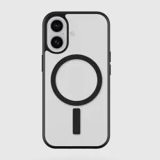 White iPhone 17 with a black-rimmed case, highlighting the MagSafe ring and cameras..