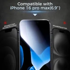 iPhone 16 Pro Max 6.9 tempered glass, installation box, and size comparison.