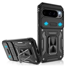 Black Ring Armour case for Pixel 9 with sliding camera cover and ring stand.