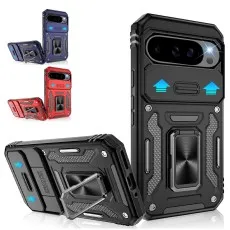 Black, blue, and red Ring Armour cases for Google Pixel 9 with sliding shutter and ring stand.