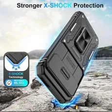 Black Pixel 9 case with X-SHOCK corner protection falling onto a rocky shore.
