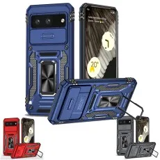 Blue Ring Armour case for Pixel 8 with a sliding camera shutter and integrated ring kickstand.
