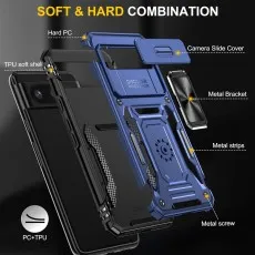 Blue Pixel 8 case with a sliding camera shutter and integrated metal ring kickstand.