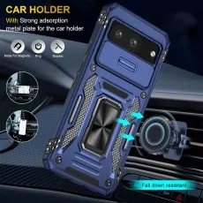 Shockproof blue case for Pixel 8 featuring a slide lens cover and magnetic ring stand.