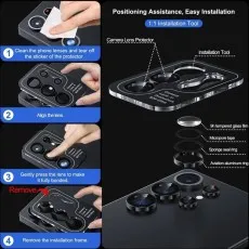 Four-step guide for installing S25 Ultra camera lens protectors with a 11 alignment tool.