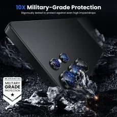 Smartphone with lens protectors surviving a rocky drop to show military-grade protection.