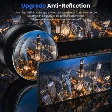 Promotional image showing night city skyline photos to demonstrate anti-reflection lens quality.