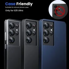 Three Galaxy S25 Ultra phones in different cases showing camera lens protector compatibility.