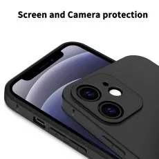Close-up of a black iPhone 12 case showing raised edges for screen and camera protection.