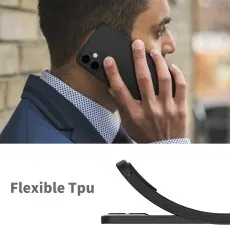 Man using an iPhone 12 with a black case and a demonstration of the flexible TPU material.