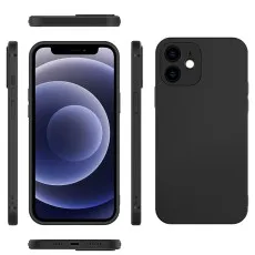 Six different angles of a black iPhone 12 silicone case showing front, back, and all sides.