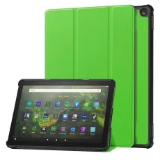 Bright green trifold stand case for Kindle Fire HD 10 shown in both upright and closed views.