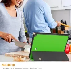 Green Fire HD 10 case in a kitchen showing Hard PC, PU Leather, and Microfiber materials.