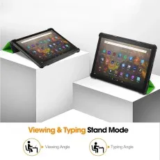 Kindle Fire HD 10 in a green case shown in both viewing and typing stand angles.